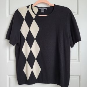 Vintage Saks Fifth Ave 100% Cashmere Black w/Cream Diamond Sweater Size XL